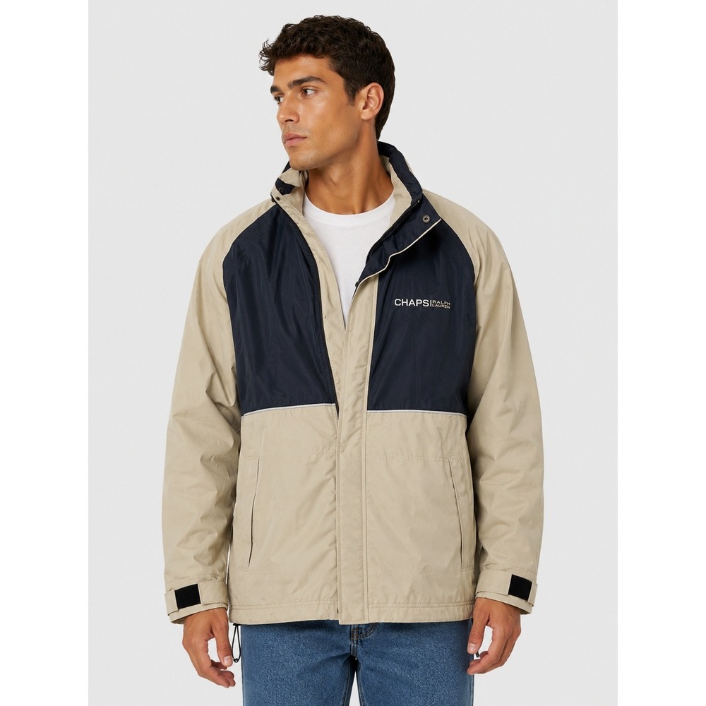 Chaps Ralph Lauren Vintage Windbreaker Jacket Beige Navy Blue Colorblock Zip L